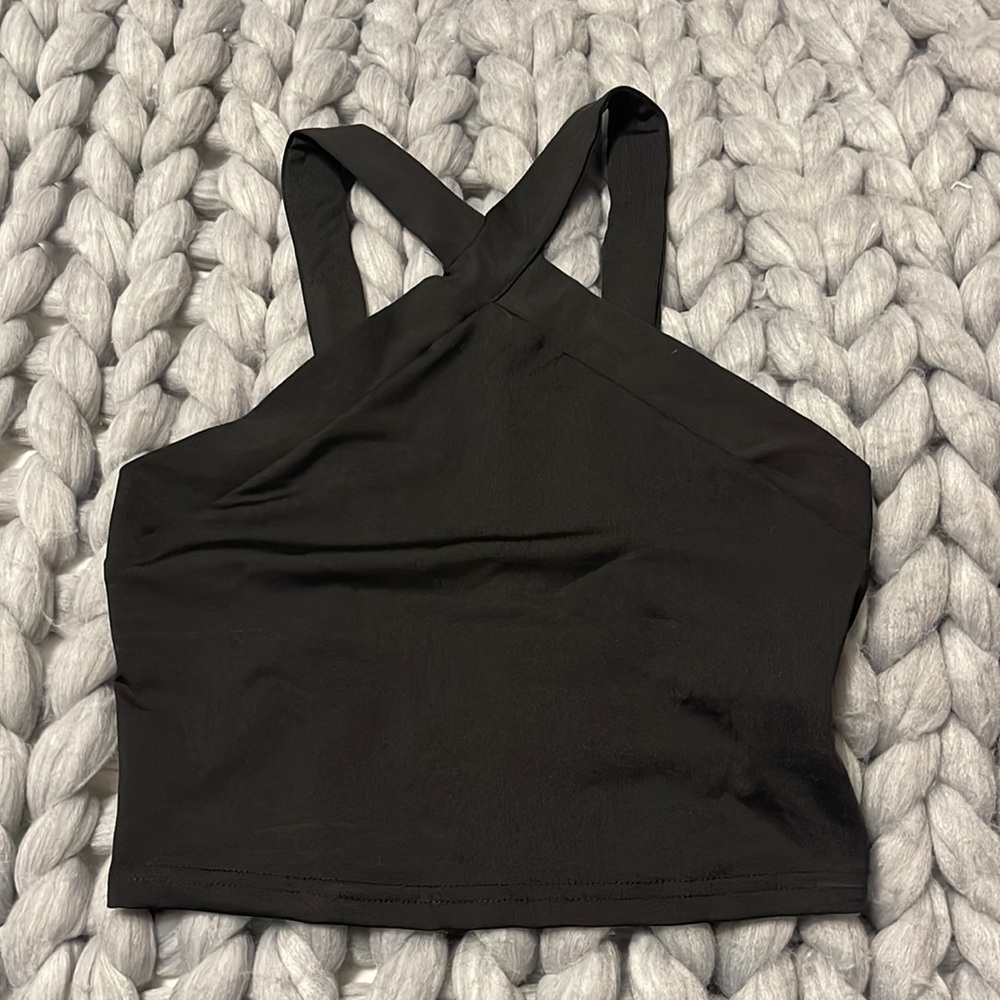 shein cropped black cross neck halter tank